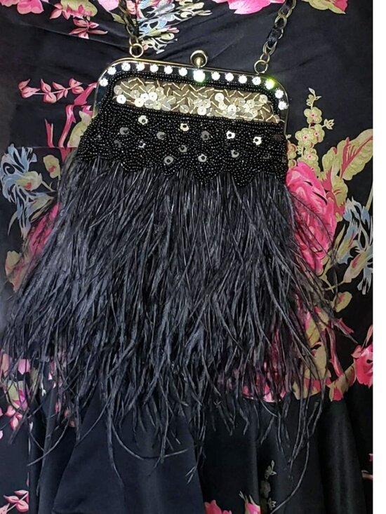 Betsey Johnson Handbags - Vintage Betsey Johnson Black Ostrich Feather Bead Crystal Evening Dress Handbag